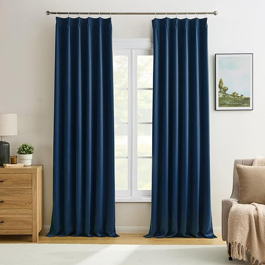 KEQIAOSUOCAI Pinch Pleated Curtains 120 Inches Long 10 FT Tall 2 Panels Set, Thermal Insulated Blackout Room Darkening Curtains for Bedroom,Window Draperies with Hooks(Navy Blue,40x120-inch)-CubbioJoy