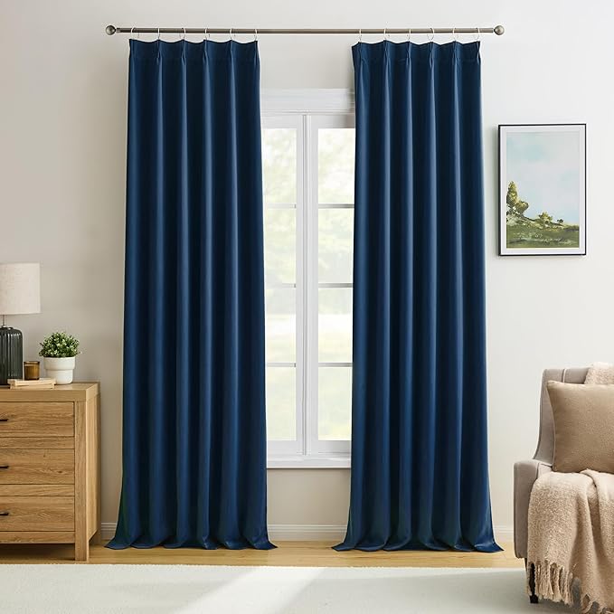 KEQIAOSUOCAI Navy Blue Curtains 102 Inches Long 2 Panels Set, Pinch Pleated Thermal Insulated Blackout Room Darkening Curtain for Living Room,Window Draperies with Hooks(Navy Dark Blue,40x102-inch)-CubbioJoy