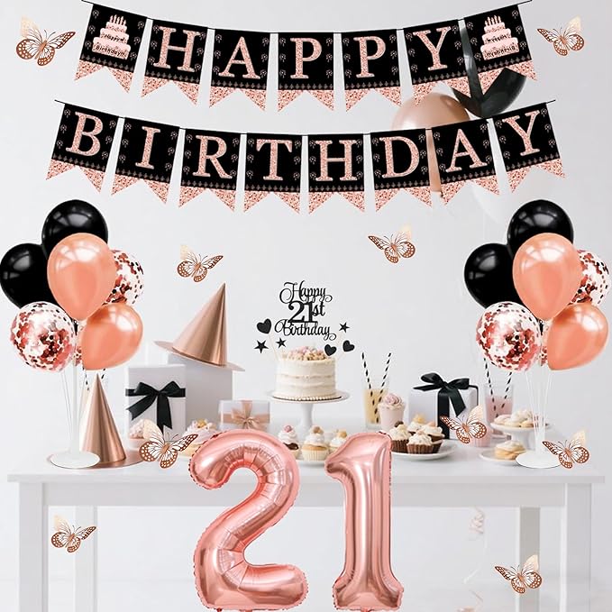 21st Birthday Decorations for Girls Women - 56pcs Rose Gold Happy 21st Banner, 21st Birthday Crown Sash, Cake Topper, Number 21 balloons, 3D Butterflies, 4 Balloon Stands kits-CubbioJoy
