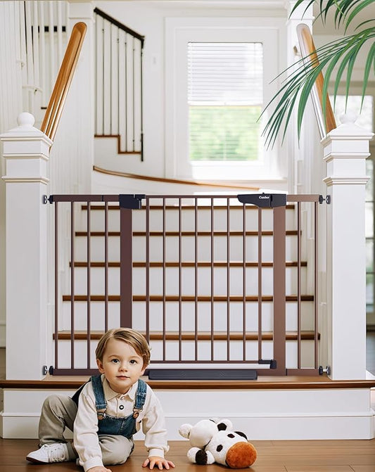 Cumbor 29.7-48" Baby Gate for Stairs, Mom's Choice Awards Winner-Dog Gate for Doorways, Auto Close Safety Pet Gate for Dogs Indoor, Easy Install Pressure Mounted Child Gate with Walk Thru Door, Brown-CubbioJoy