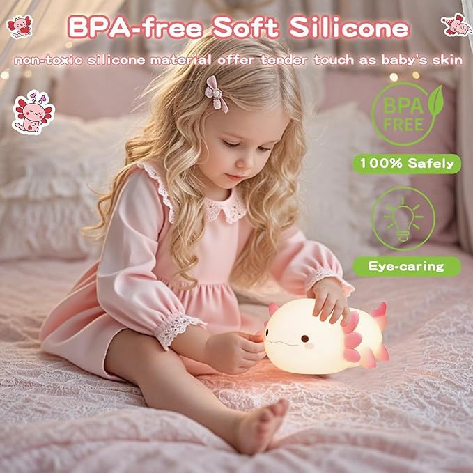 Axolotl Lamp,Cute Axolotl Night Light,Dimmable Silicone Animal Nursery Night Light,Adorable Rechargeable Squishy Novelty Bedside Touch Lamp,Baby Room Decor, Axolotl Gifts for Kids/Girls-CubbioJoy