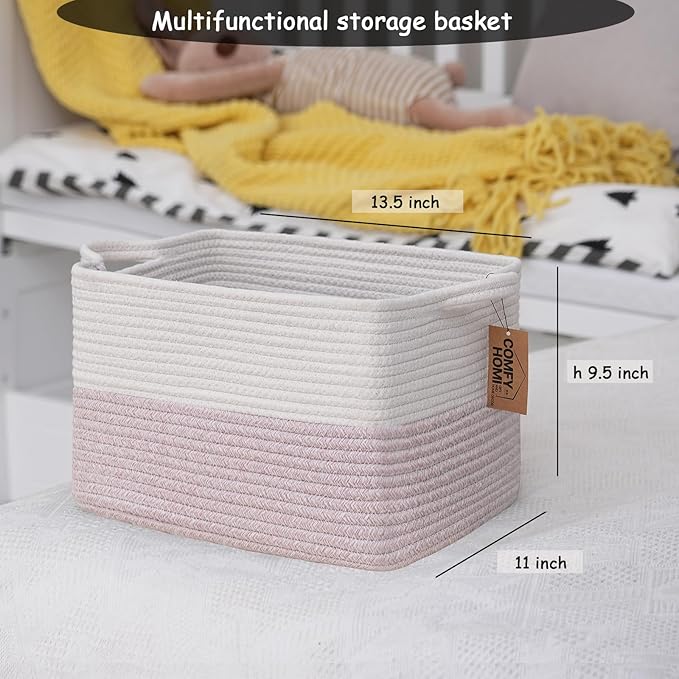 COMFY-HOMI 3PACK Cotton Rope Square baske with Handles for Shelves|Dog Toy baske Bin and Storage|Baby baske for Gift|Shoe baske for Organizing|13.5" x 11" x 9.5" for Living Room（White/Pink）-CubbioJoy