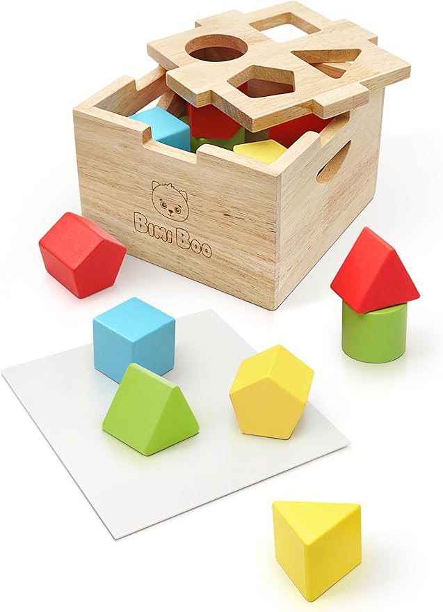 Bimi Boo Wooden Shape Sorter Toy for Babies - Premium Simple Sorting Box with Noise-Reducing Silicone Pad - Classic Montessori Toy for Toddlers (8 Various Blocks, 1 Box, 1 Silicone Pad)-CubbioJoy