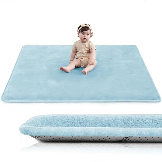 Baby Play Mat for Floor,1.3" Thick Elasti-Foam 50"×50" Playpen Mat for Tummy Time,Water Repellent Soft Coral Velvet for Toddler,Infant,Kids,Non-Slip Backing Safe for Crawling(Light Blue)-CubbioJoy