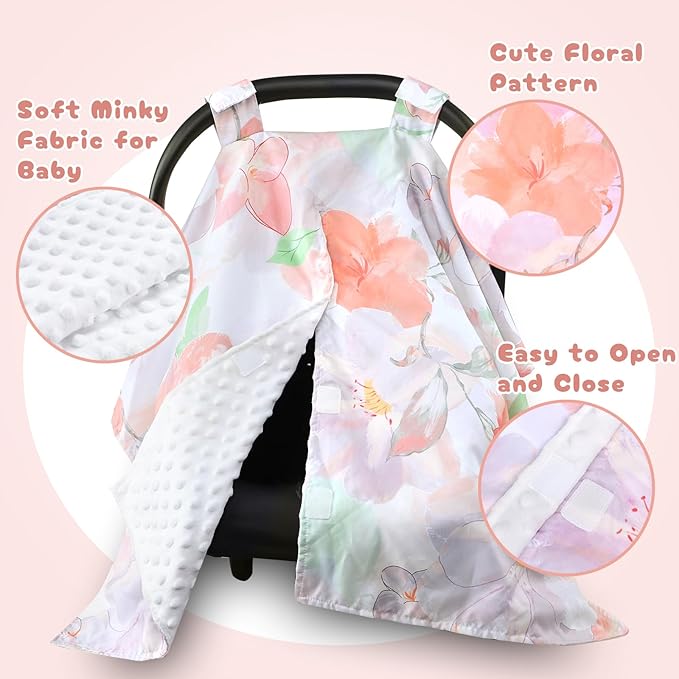 Car Seat Cover Baby, Infant Car Seat Canopy Covers for Newborn Girls Boys, Soft Minky Carseat Covers Stretchy Multi-Use Nursing Cover for Stroller Baby Car Seat, Purple Floral-CubbioJoy