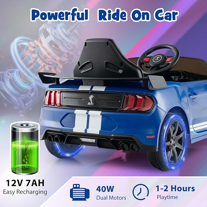 Costzon Ride on Car, 12V Licensed Ford Mustang Shelby GT500 Kids' Electric Vehicles w/Remote Control, USB Port, Radio, Music, Player, High Low Speed & Soft Start, Racing Kids Car for Toddler (Blue)-CubbioJoy