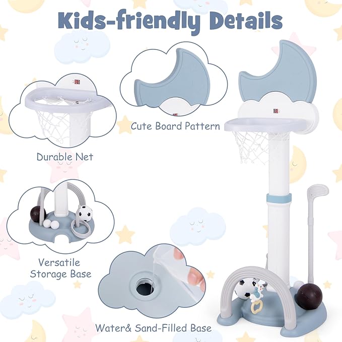 Costzon Kids Basketball Hoop with Electronic Scoreboard Cheer Sound, 4 in 1 Height Adjustable Toddler Basketball Hoop with Soccer, Golf, Ring Toss Game for Indoor Outdoor, Gift(Light Blue Moon)-CubbioJoy