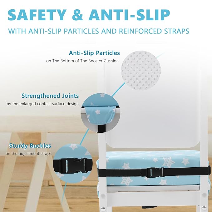 Booster Seat for Kitchen Chair with Adjustable Straps, Toddler Booster Seats for Dining Table Portable for Travel Camping Eating, Booster Cushion for Table for Baby Child Infant Kid Boy Girl-CubbioJoy