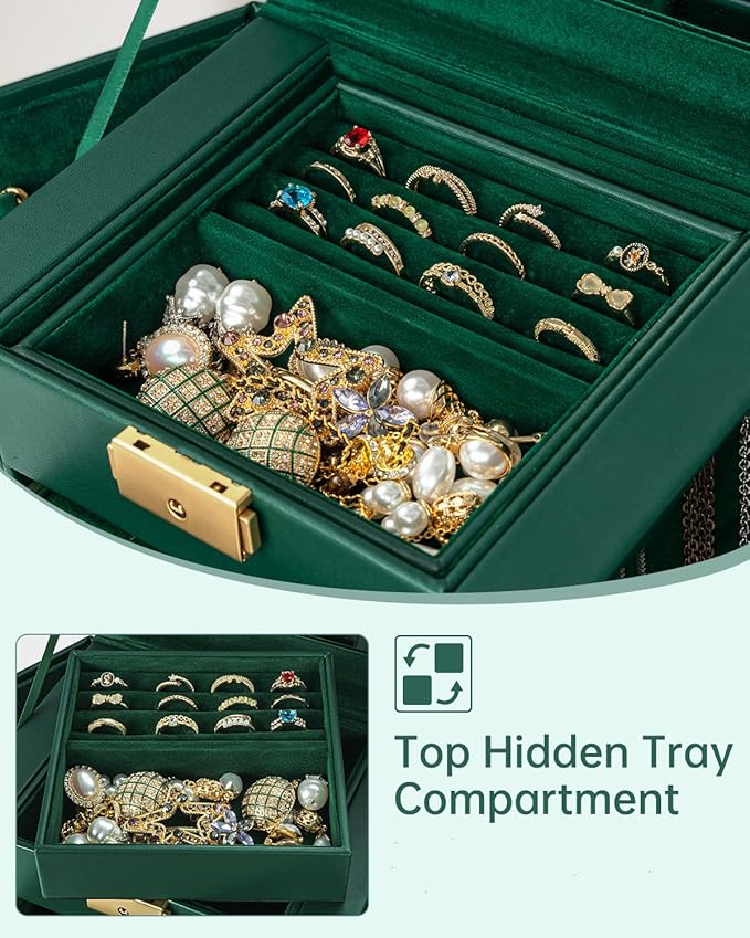 AKOZLIN 4-Tier Jewelry Box Leather Jewelry Storage Organizer with 3 Drawers Lockable for Women Girls Ring Necklace Earring Bracelet Holder with Mirror Forest Green-CubbioJoy