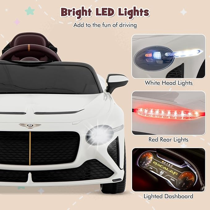 Costzon Ride on Car, 12V Licensed Bentley Bacalar Battery Powered Kids' Electric Vehicles w/Remote Control, Scissor Doors, Wireless Connection, Lights/Sound Effects, Kids Car Toys for Toddlers(White)-CubbioJoy