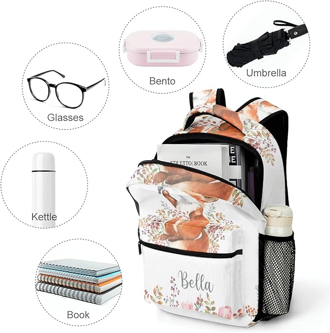 Cute Fox Little Bird Custom Kids Backpack 16.5 Inch for Boy Girl, Personalized Waterproof Child School Travel Bag with Name Option5-CubbioJoy