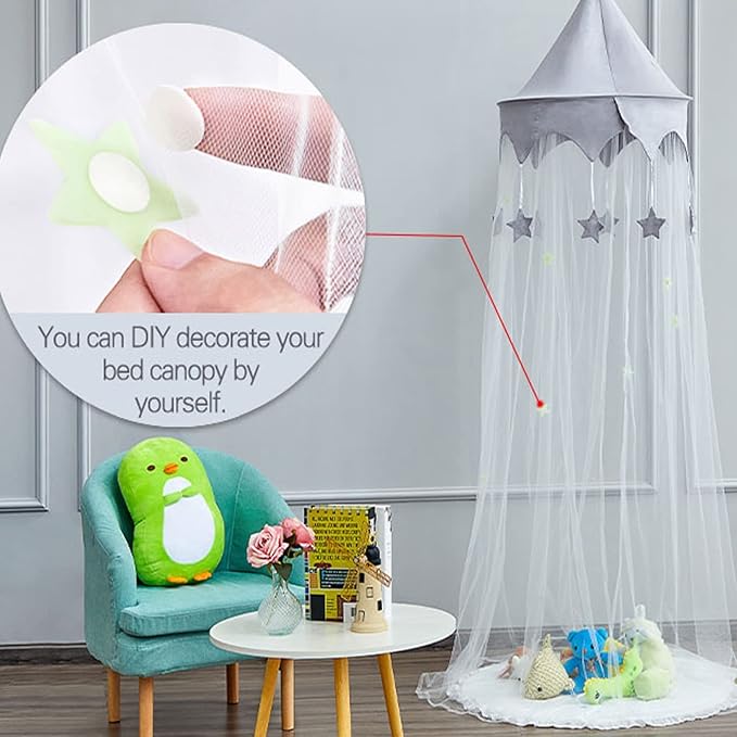 Canopy for Kids Bed with Stars, Crib Canopy with Dome, Elegant Net Hanging Fairy Girl Bed Canopy Princess Room Decoration Reading Nook Corner Curtain Fits Full Crib, Twin, Queen Play Castle Tent-CubbioJoy