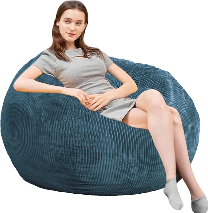 Bean Bag Chair 3Ft Luxurious Faux Rabbit Fur Memory Foam Bean Bag Chairs for Adults/Teens with Filling,Ultra Soft Faux Fur Fabric, Round Fluffy Sofa for Living Room Bedroom College Dorm (Blue)-CubbioJoy