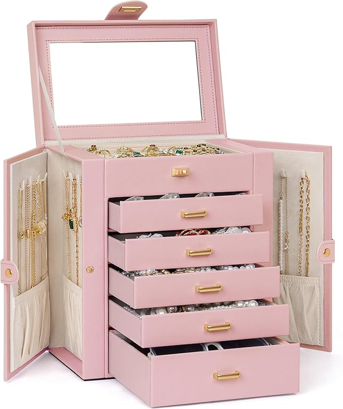 AKOZLIN 6-Tier Jewelry Box Organizer Functional 5 Drawers Leather Jewelry Storage Case for Women Girls Ring Necklace Earring Bracelet Holder Organizer with Mirror Pink-CubbioJoy