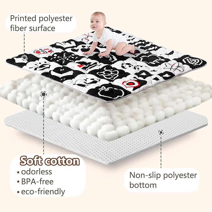 Baby Play Mats for Floor, Upgraded Thick Soft 50x50 Playpen Mat, Anti-Slip Bottom, Foldable and Machine Washable Playmat for Babies and Toddlers Infants(High Contrast)-CubbioJoy