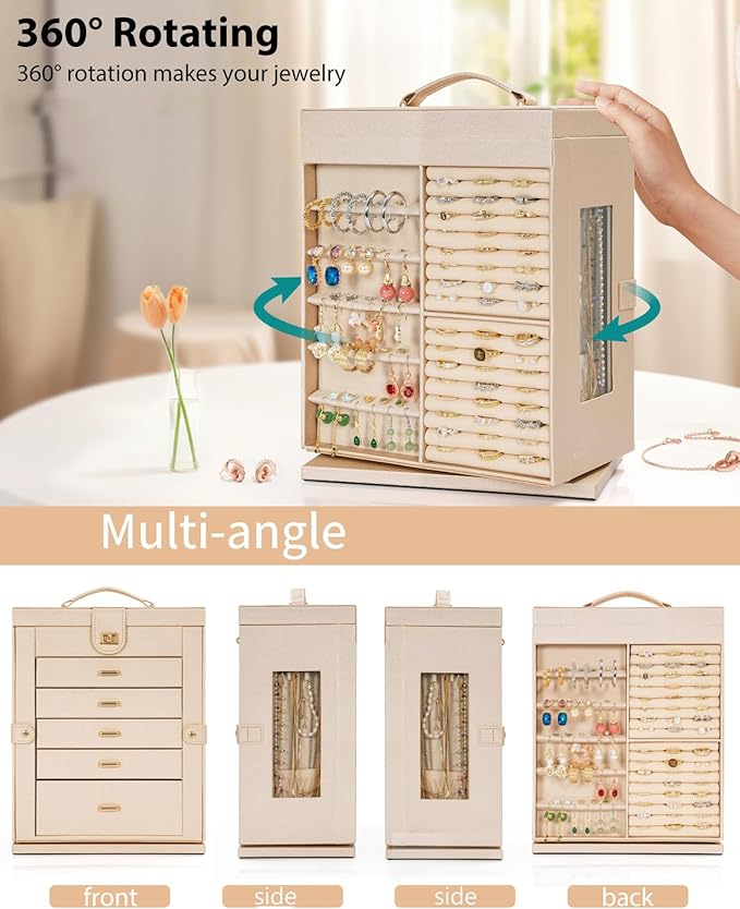 AKOZLIN Jewelry Box 360° Rotating 6-Tier Functional Jewelry Storage Case Organizer for Women Girls Ring Necklace Earring Bracelet Holder with Mirror-CubbioJoy