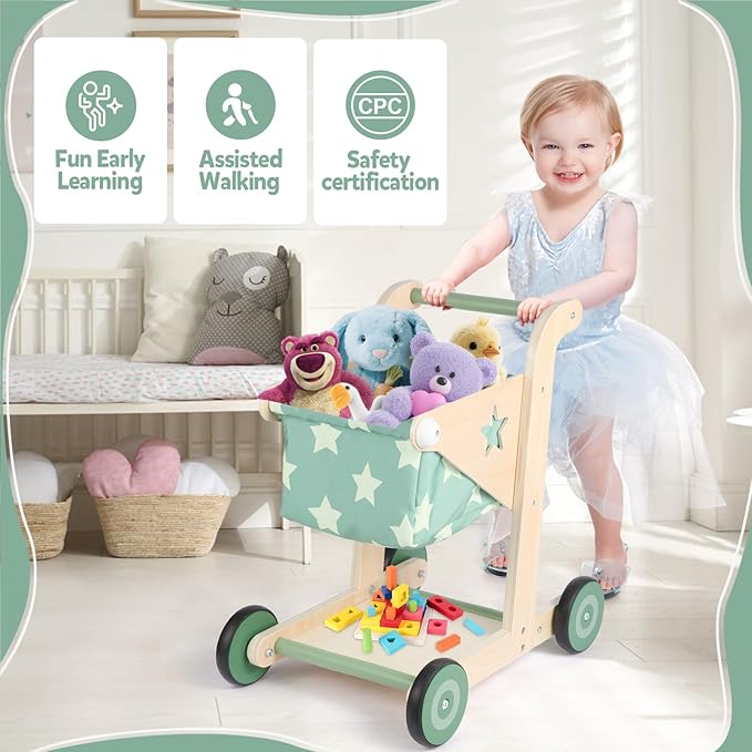 Asweets 2 in 1 Wooden Baby Walker Push and Pull Doll Stroller, Shopping Cart Learning Walker for Boys and Girls, Sit Stand Learning Toddler Toy (Green)-CubbioJoy