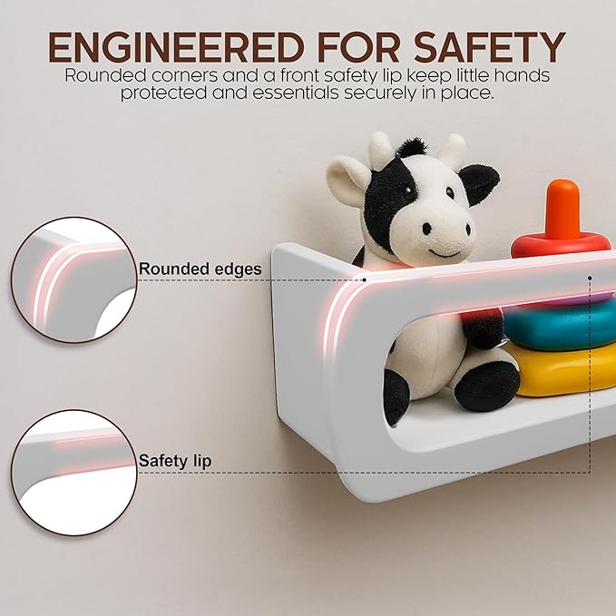 Bamboo Nursery Book Shelves, Fully Assembled For Easy Use - Set of 3 Floating Shelves for Wall Kids, Wall Mounted Book Shelves For Kids Room, Baby Room, Toddler Room, Nursery Decor, 16.5 Inch White-CubbioJoy