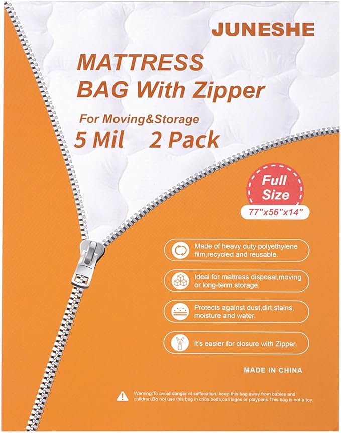 2 Pack Full Mattress Bags for Moving and Storage-5 Mil Zipper Plastic Waterproof Mattress Storage Bags-CubbioJoy