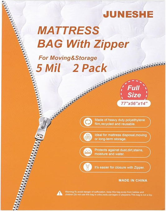 2 Pack Full Mattress Bags for Moving and Storage-5 Mil Zipper Plastic Waterproof Mattress Storage Bags-CubbioJoy