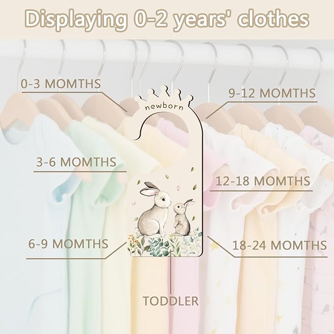 Baby Clothes Dividers for Closet - Set of 8 Wooden Baby Size Closet Dividers Newborn to 24 Months, Rabbits Babies Clothes Organizer for Boys Girl Nursery Decor Gender-Neutral Newborn Hangers Dividers-CubbioJoy