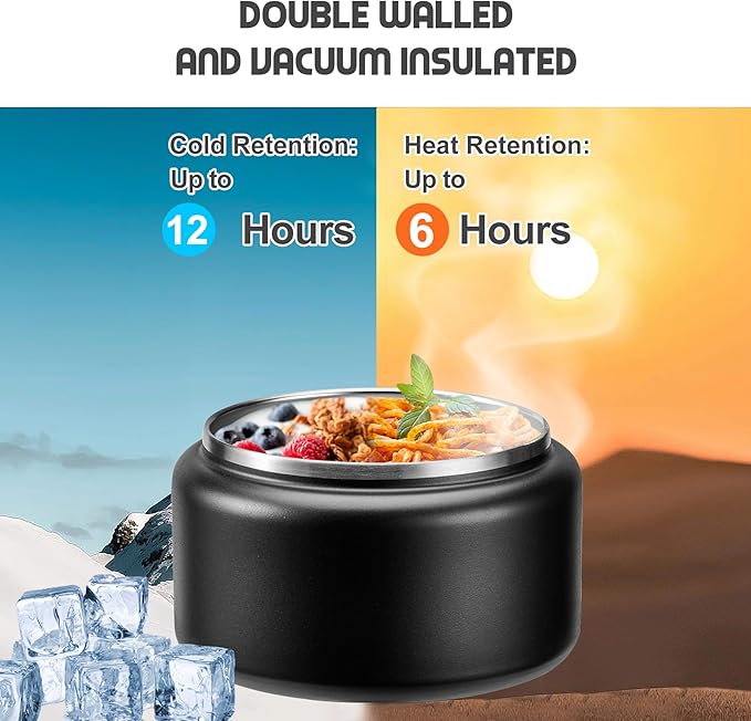 13.5oz Soup Thermo for Hot Food Kids with Buckle Lid Insulated Vacuum Food Jar Wide Mouth Leakproof Stainless Steel Lunch Container (Black)-CubbioJoy