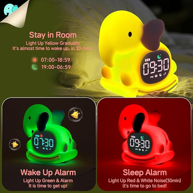 Alarm Clock for Kids with Night Light, Sleep Training Clock Time to Wake Clock, Rechargeable Silicone Light for Bedroom, Perfect Sleep Companion for Boys Girls, Pink Elephant-CubbioJoy