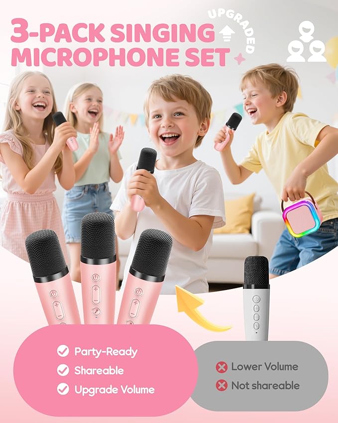 IROO Mini Karaoke Machine for Kids, 2025 TOP Toys Birthday Gifts Ideas for Girls Ages 4, 5, 6, 7, 8, 9, 10, 12+ Years Old, Portable MP3 Player with 3 Wireless Mics for Party-CubbioJoy