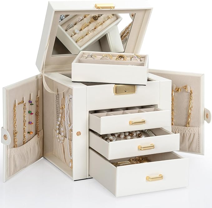 AKOZLIN 4-Tier Jewelry Box Leather Jewelry Storage Organizer with 3 Drawers Lockable for Women Girls Ring Necklace Earring Bracelet Holder with Mirror White-CubbioJoy