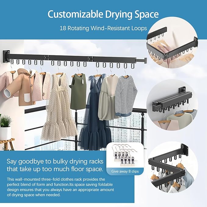 Clothes Drying Rack Wall Mounted,Space Saving Wall Drying Rack,Retractable Collapsible Tri-Fold,for Bathroom,Balcony,Outdoor lndoor with Laundry,Black-CubbioJoy