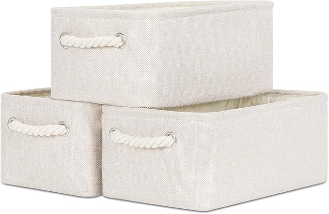 Bidtakay Small Storage Bins for Shelves 3 Pack Fabric Storage Baskets for Organizing 12x8x5 Inch Closet Storage Bins Linen Collapsible Organizer for Closet-Light Biege-CubbioJoy