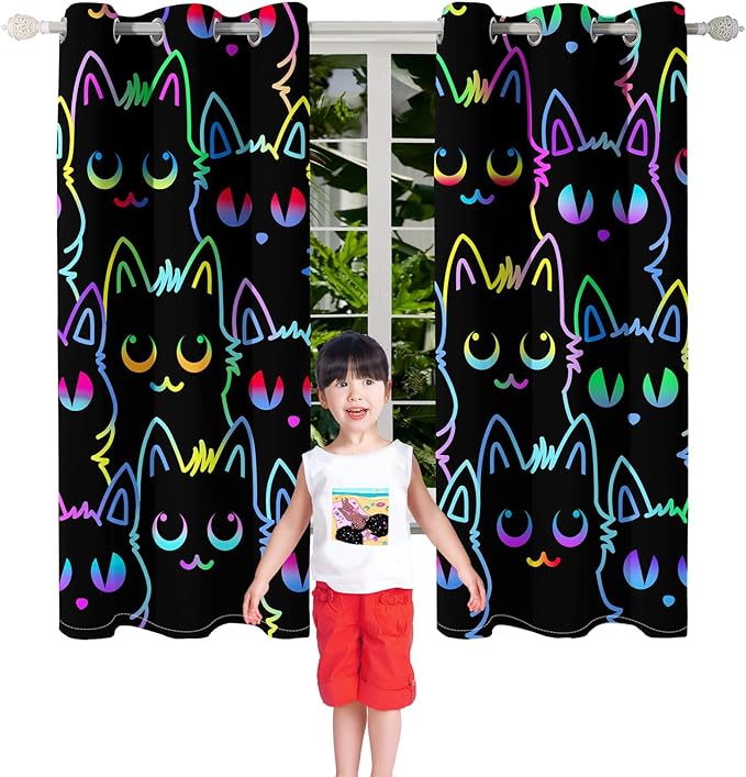 Cat Curtain Panels for Girls - 2Pcs Cat Blackout Curtains for Girls Bedroom, 82" W x 63" L-CubbioJoy