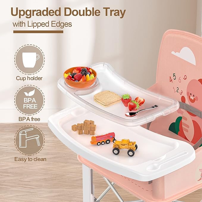 Baby Travel Booster Seat with Double Tray, BabyBond Upgraded Toddler Portable Baby Chair, Booster Seat for Dining Table, Stable and Foldable Booster Baby Chair for Indoor/Outdoor (Pink Dinosaur)-CubbioJoy