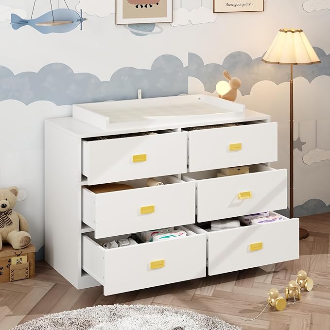 6 Drawer Baby Dresser, Nursery Dresser with Changing Topper, Long Cabinet for Infant Cloth Organize, Changing Station for Nursery and Kids Bedroom Storage, White (45.3" W x 18.9" D x 30.1" H)-CubbioJoy