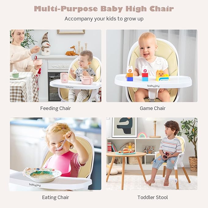 BABY JOY Convertible Baby High Chair, 3 in 1 Wooden Highchair/Booster/Chair with Removable Tray, Adjustable Legs, 5-Point Harness, PU Cushion and Footrest for Baby, Infants, Toddlers (Beige)-CubbioJoy