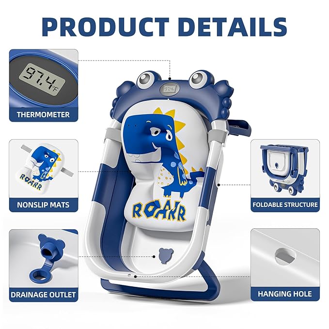 Collapsible Baby Bathtub for Newborns to Toddler with Real-time Temp Monitor & Floating Cushion,Portable Travel Tub for 0-36 Month, Foldable Baby Bath Tub for Infants Boy (Blue)-CubbioJoy