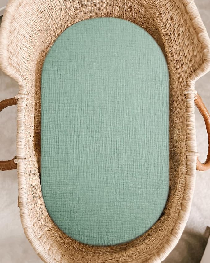Bassinet Sheet for Baby Boy and Girl, Fitted Sheets for Rectangle, Oval, Hourglass Bassinet Mattress, Muslin Moses Basket Sheets with Neutral Style (Sage)-CubbioJoy