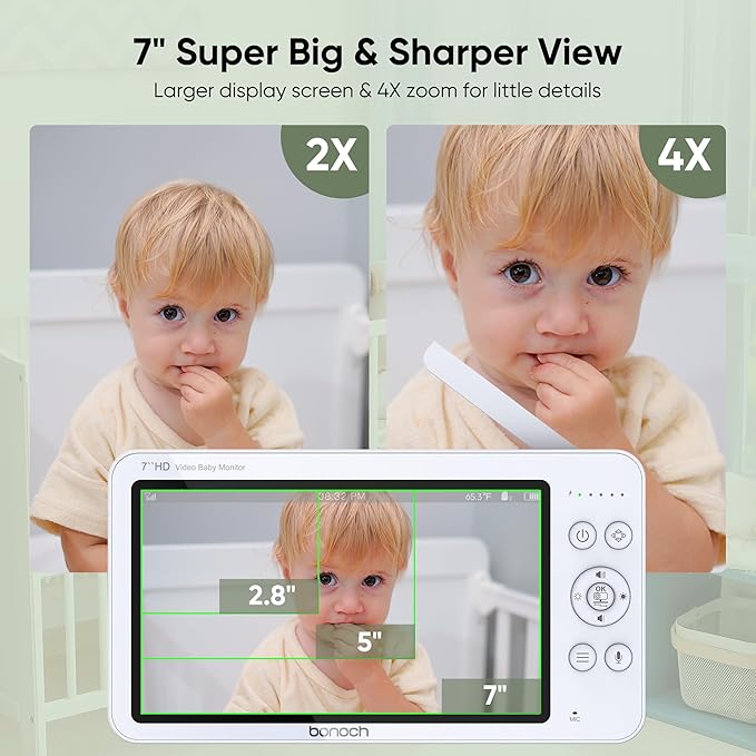 bonoch MegaView Baby Monitor with Camera and Audio, 7" 720P HD Video Baby Monitor No WiFi, 6000mAh Battery, VOX Mode, Auto Night Vision, Hack Proof, Remote PTZ, Baby Camera Monitor-CubbioJoy