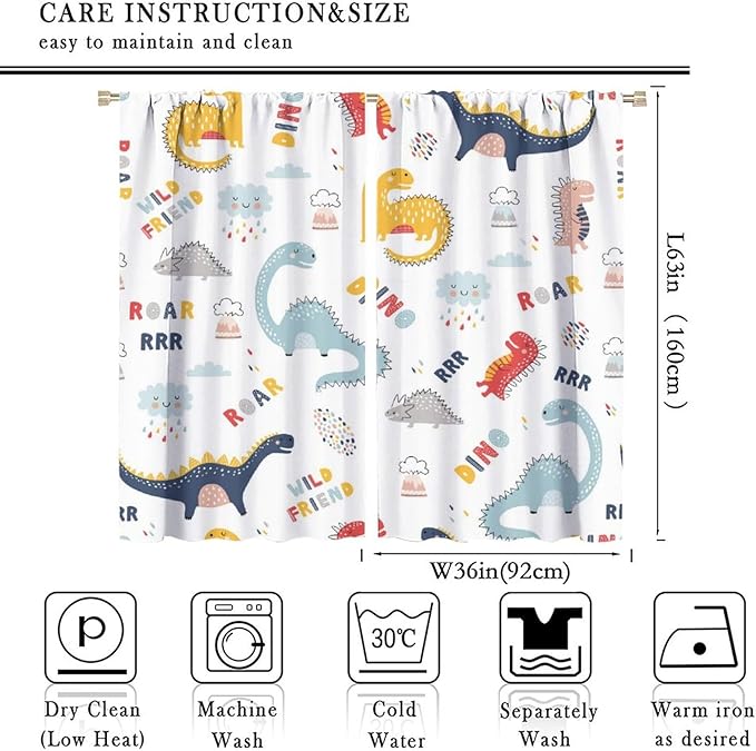 Cartoon Dinosaur Curtains for Kids Boys Girls Home Decor Colorful Cute Dino Animals Print Pattern Rod Pocket Blackout Window Drapes for Nursery Baby Bedroom Playroom W36xL63in 2 Panels-CubbioJoy