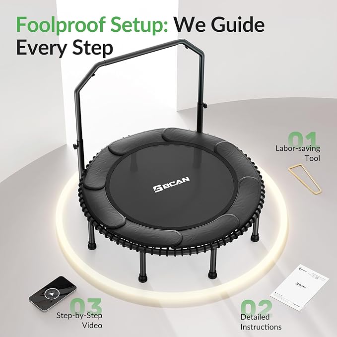 BCAN 40"/48" Mini Rebounder Trampoline for Adults with Bar, 450/550LBS Fitness Trampoline with Bungees, Adjustable Handle, Stable & Quiet, Indoor Outdoor, Whole-Body Workout & Relaxation at Home-CubbioJoy