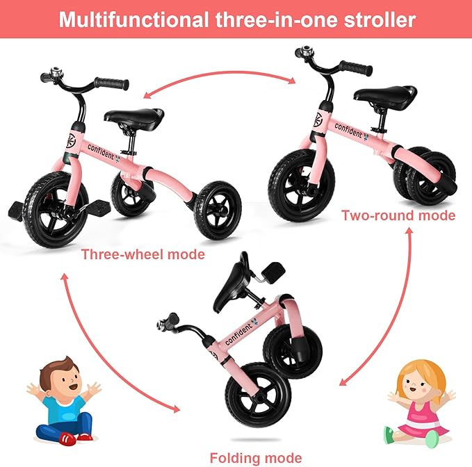 Ancaixin 3 in 1 Toddler Tricycles for 2-5 Years Old Boys and Girls with Detachable Pedal and Bell, Foldable Baby Balance Bike Riding Toys for 2+ Kids, Child Birthday Christmas New Year Gift Pink-CubbioJoy