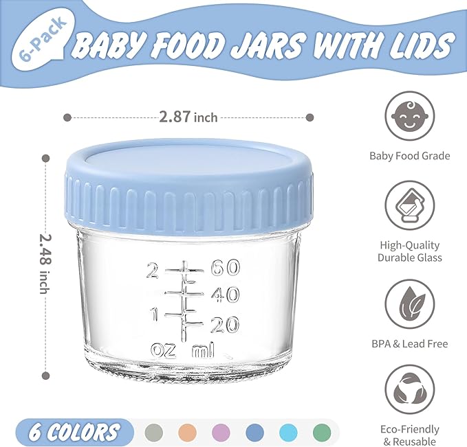 DRKIO 6 Pack Glass Baby Food Storage Containers - 4 Oz Baby Food Jars with Lids Baby Food Maker Microwave Dishwasher Freezer Safe 100% Leak Proof BPA Free Reusable-CubbioJoy