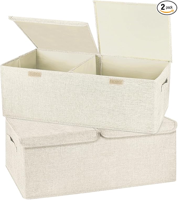 2 Pack Large Storage Boxes with Lids and Handles, Collapsible Linen Storage Bins Organizer Containers Baskets Cube with Removable Divider for Home Bedroom Closet Office (Cream, Small)-CubbioJoy