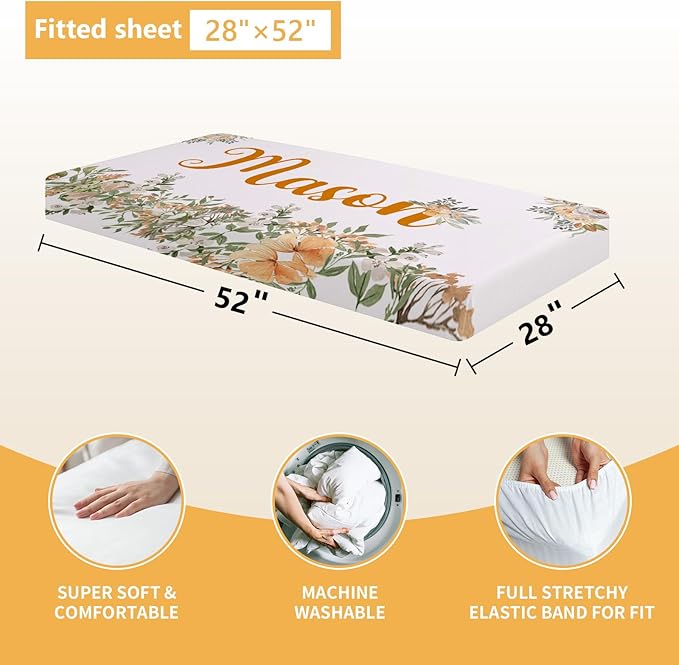 Custom Baby Crib Set - 5 Pcs Personalized Name Flowers Crib Bedding Set for Infants Toddlers - Soft Double Layer Nursery Bedding Set for Girls Boys - Customized Gifts for Baby Shower Birthday-CubbioJoy