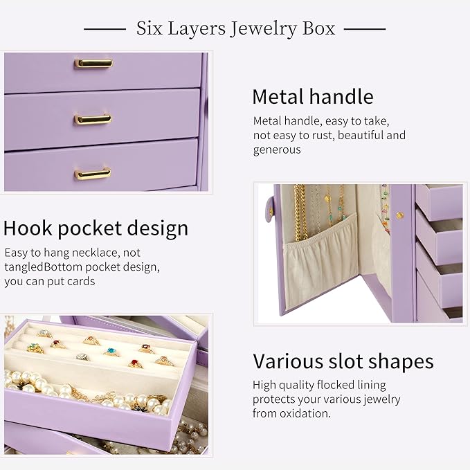 AKOZLIN Large Jewelry Box Organizer Functional Lockable with Big Mirror, Leather Jewelry Storage Case for Women Girls Ring Necklace Earring Bracelet Holder Organizer Violet-CubbioJoy