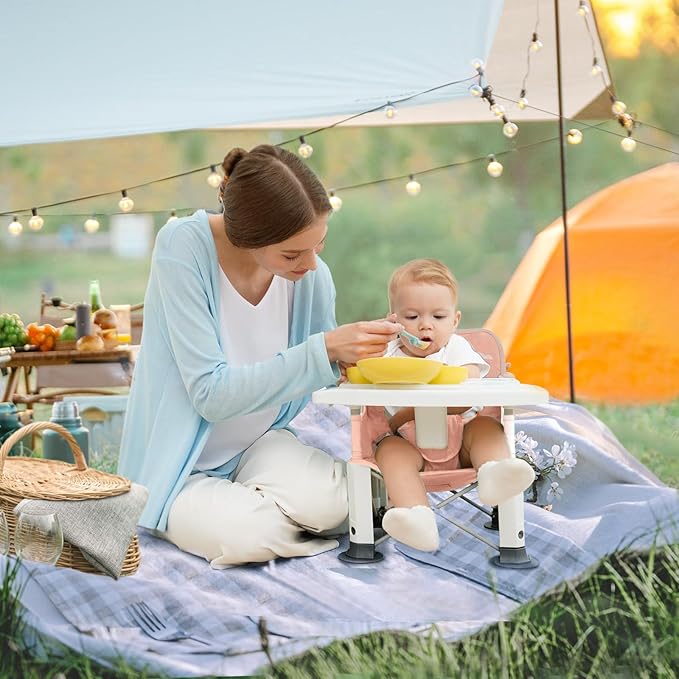 Baby Travel Booster Seat with Double Tray, BabyBond Upgraded Toddler Portable Baby Chair, Booster Seat for Dining Table, Stable and Foldable Booster Baby Chair for Indoor/Outdoor (Pink Dinosaur)-CubbioJoy