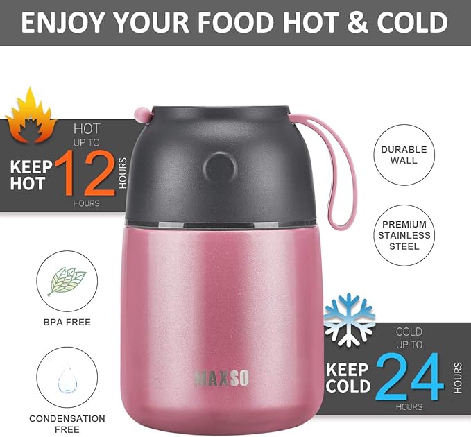 Insulated Food Jar for Hot & Cold Food for Kids Adult,17 oz Soup Thermo Hot Food Containers for Lunch, Triple Layer Insulation Stainless Steel Food Jar with Spoon (Pink)-CubbioJoy