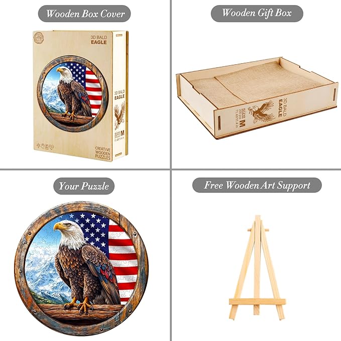 KAAYEE Wooden Puzzles for Adults, 3D Vision Effect Bald Eagle Wooden Jigsaw Puzzle Unique Shape Wood Puzzle Adult, Flat Puzzle Birthday Fathers Family Game (S-8.5 * 8.5in-100pcs)-CubbioJoy