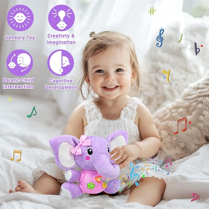 Aitbay Plush Elephant Music Baby Toys 0 3 6 9 12 Months, Cute Stuffed Aminal Light Up Baby Toys Newborn Baby Musical Toys for Infant Babies Boys & Girls Toddlers 0 to 36 Months (Purple)-CubbioJoy