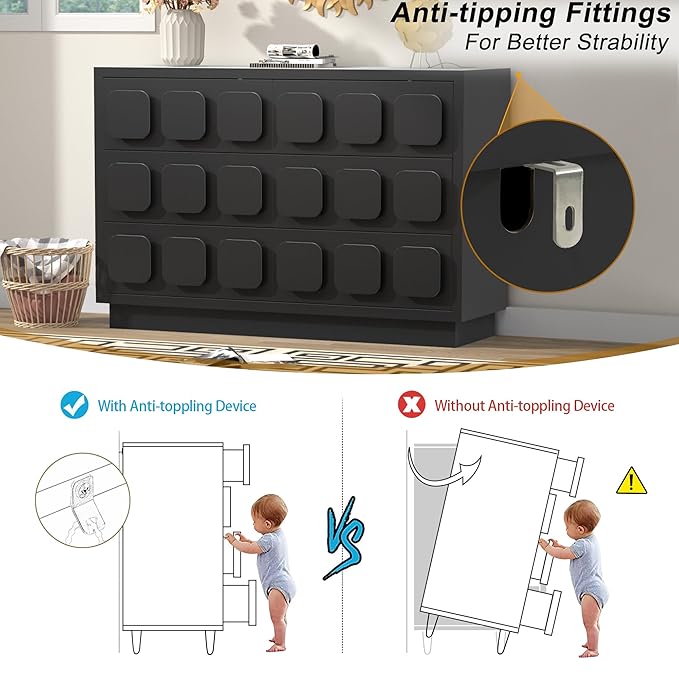 Anbuy Black Baby Dresser for Bedroom, Dresser for Baby with 6 Drawers, Storage and Organization Unit with Square Handles, for Nursery, Kids-CubbioJoy